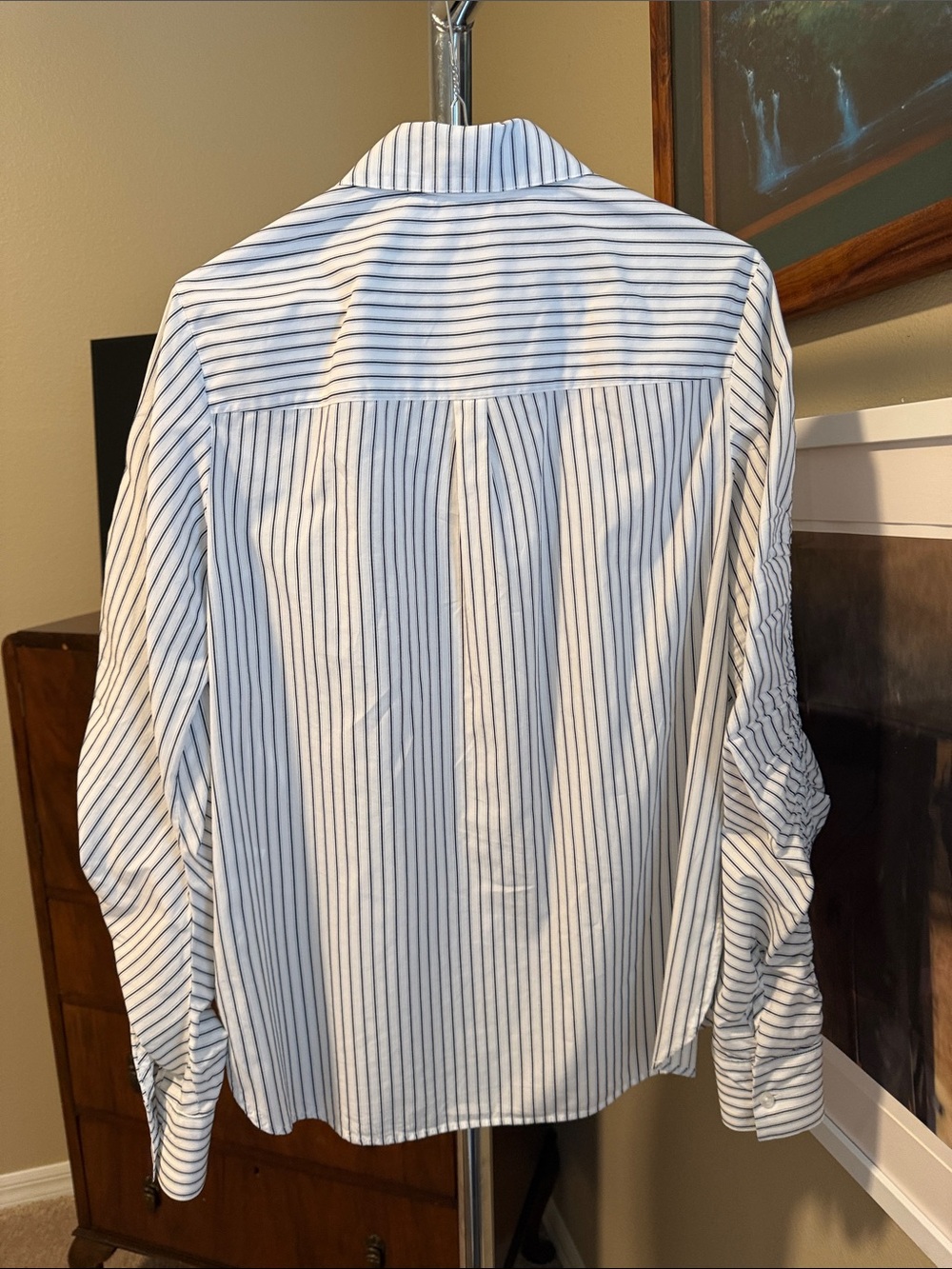CAbi White Shirt with Black Pinstripes — Ruched Sleeve Button-Front - Picture 4 of 4